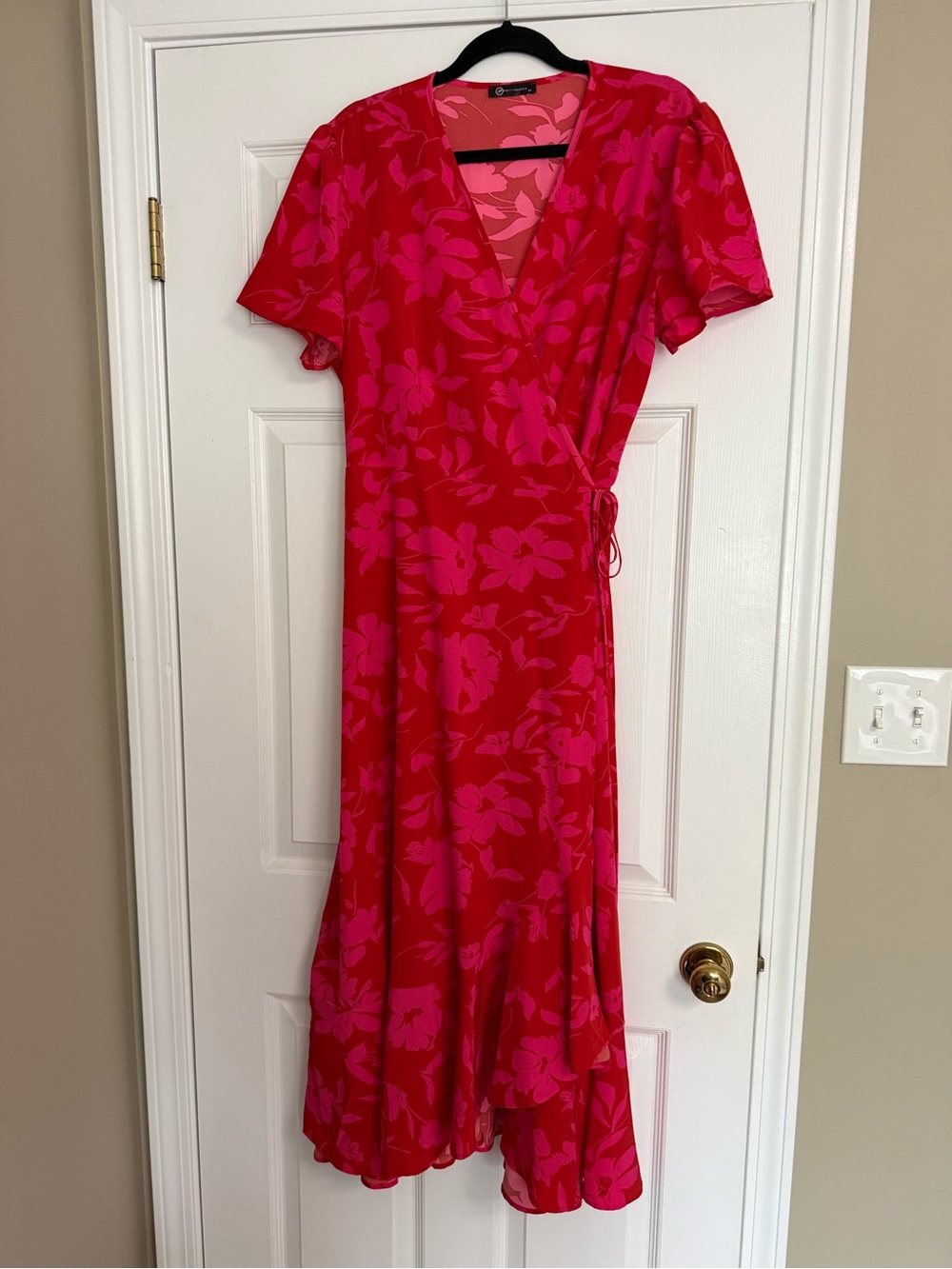 Bright Pink and Red Floral Wrap Midi Dress with Tie Waist